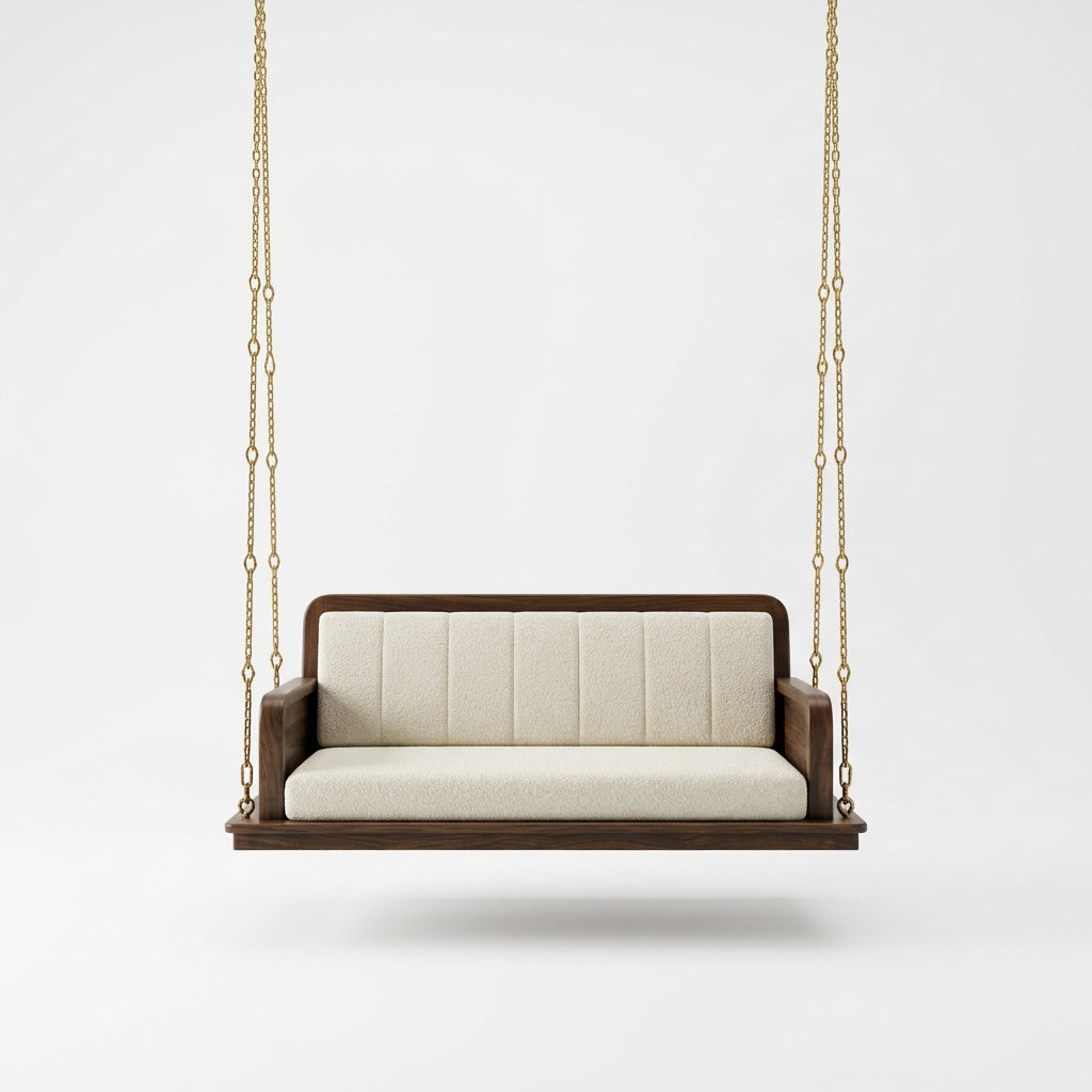 2-Seater Wooden Swing with Cream Boucle Upholstery