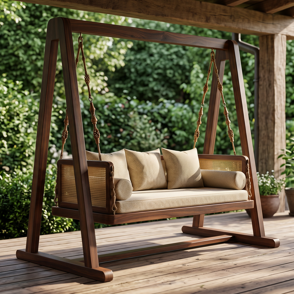 2 Seater Wooden Swing with  Crème Boucle seat for Home