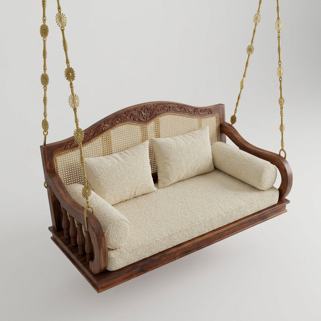 2-Seater Sheesham Wood Swing with Cream Boucle Cushions