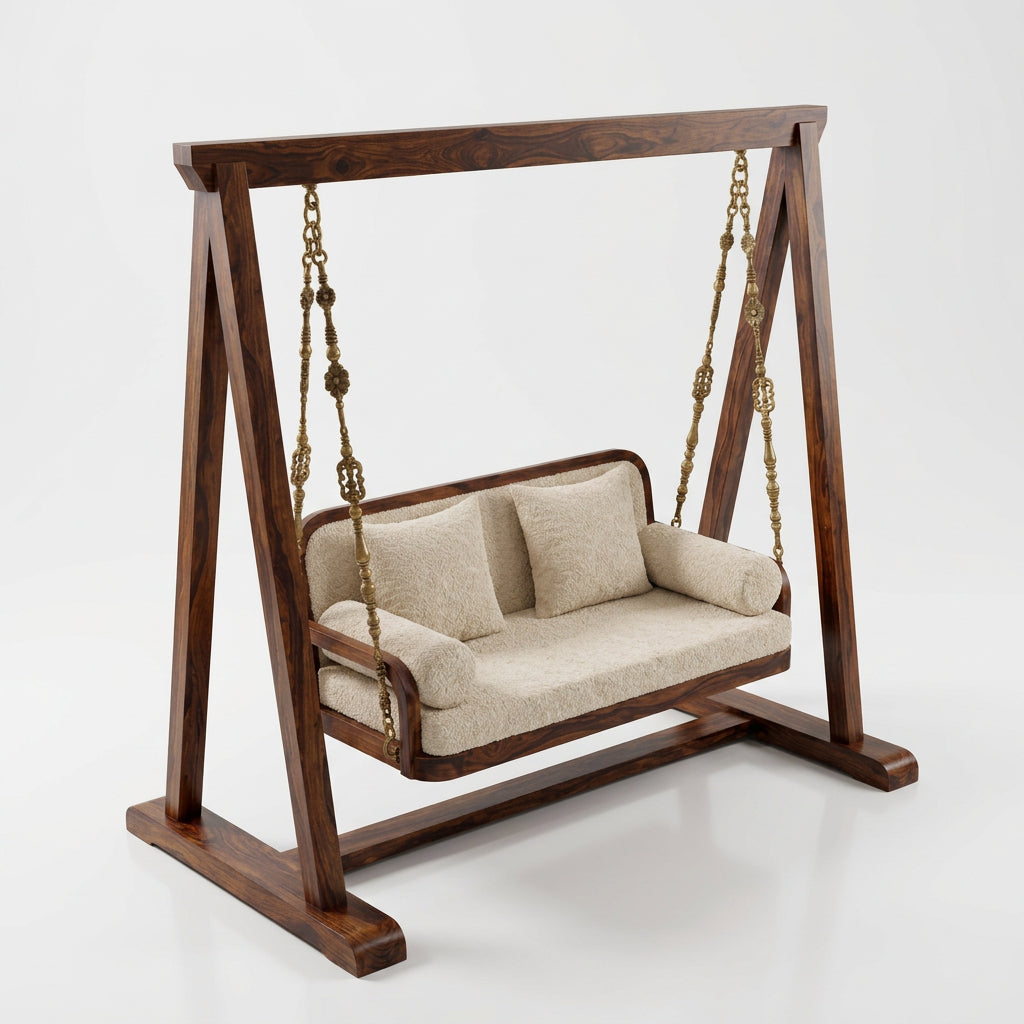2-Seater Wooden Swing with Cream Bouclé Upholstery – Durable Frame, Soft Woven Fabric
