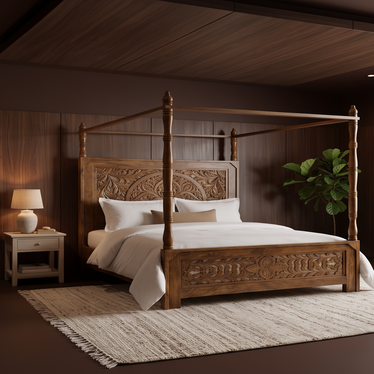 Carved Teak Finish Wooden Four Poster Bed 160x200 cm