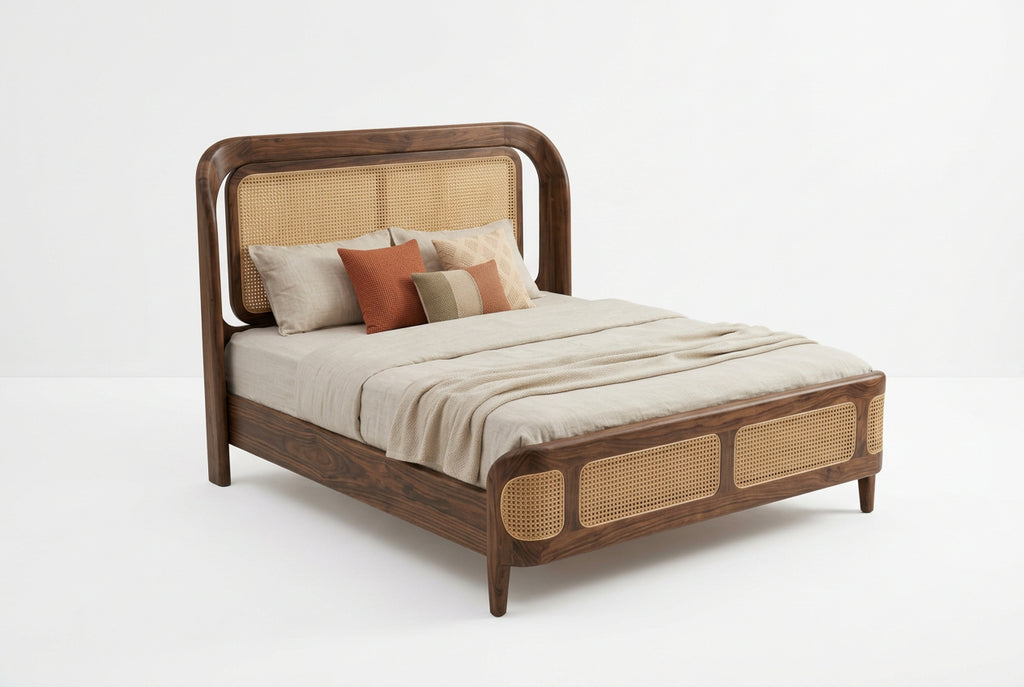 King Size Bed with Cane Headboard in Sheesham Walnut Finish
