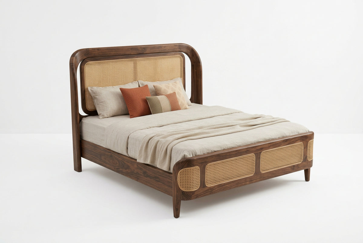 King Size Bed with Cane Headboard in Sheesham Walnut Finish