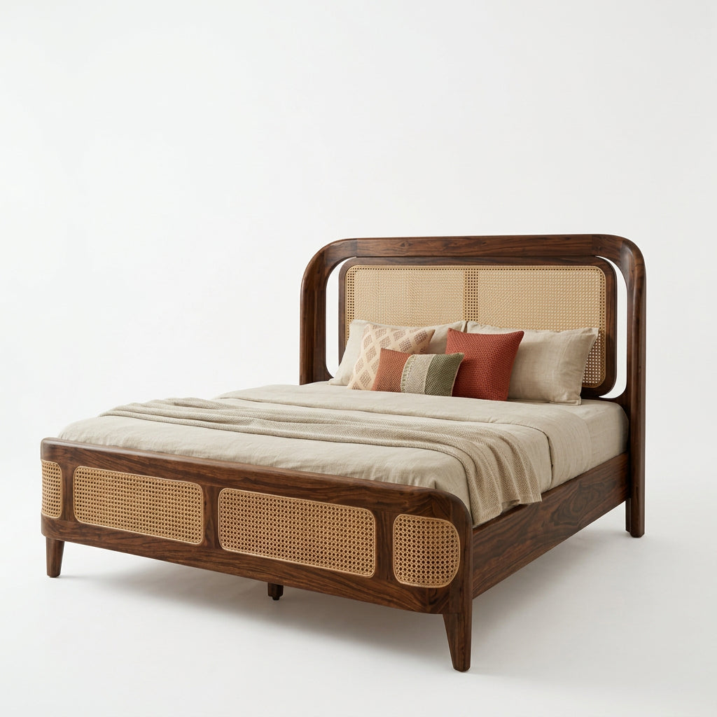 King Size Bed with Cane Headboard in Sheesham Walnut Finish