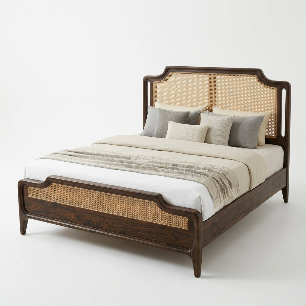Solid Sheesham Wood Bed Frame with Woven Cane Headboard