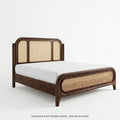 Solid Sheesham Wood Bed Frame with Woven Cane Headboard, Dark Walnut Finish, No Storage