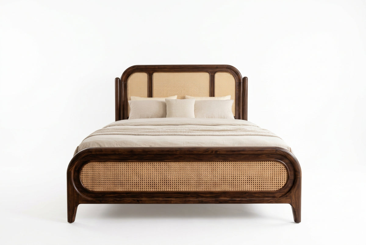 Solid Sheesham Wood Bed Frame with Woven Cane Headboard, Dark Walnut Finish, No Storage