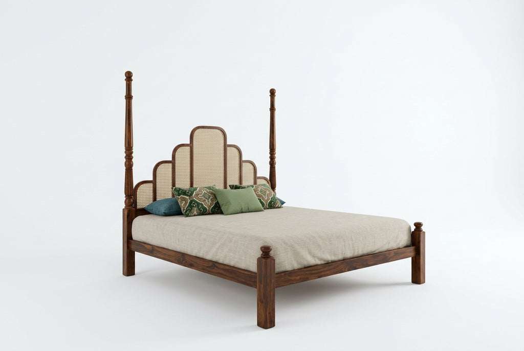 King Bed in Dark Walnut Sheesham Wood with Cane Headboard