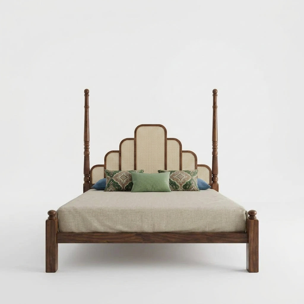 King Bed in Dark Walnut Sheesham Wood with Cane Headboard