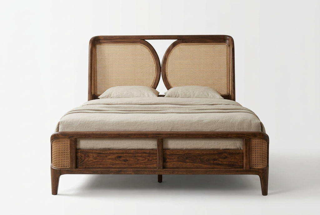 Solid Wood King Bed Frame with Dark Walnut Cane Headboard
