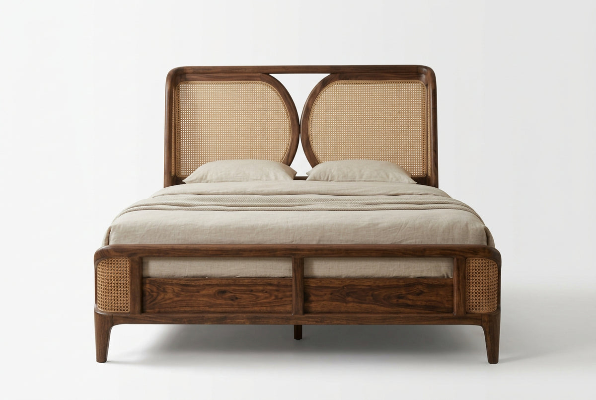 Solid Wood King Bed Frame with Dark Walnut Cane Headboard