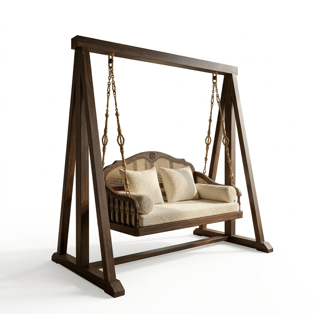 2-Seater Wooden Swing Bench with Cream Boucle Upholstery