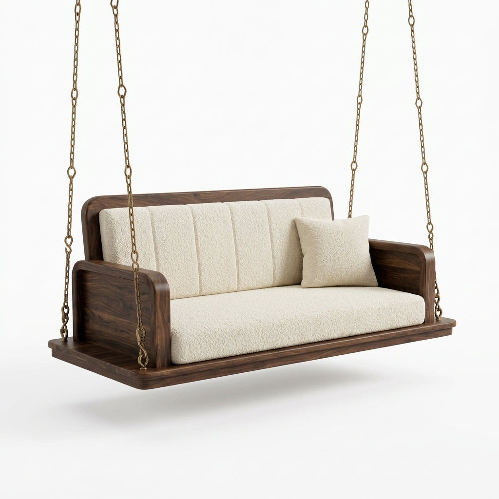 2-Seater Wooden Swing with Cream Boucle Upholstery
