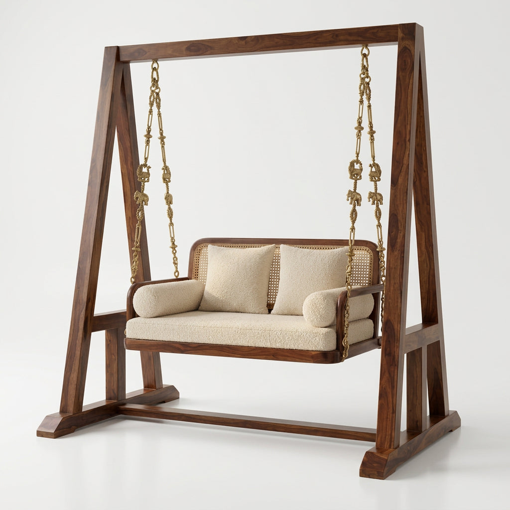 2-Seater Sheesham Wood Swing with Cream Boucle Upholstery