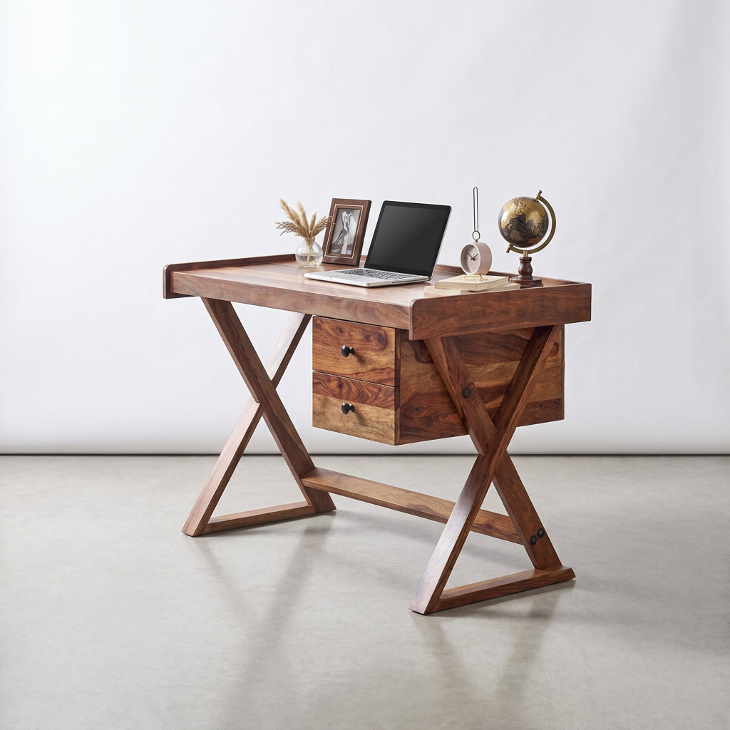 Solid Sheesham Wood Study Desk with Spacious Work Surface in Brown