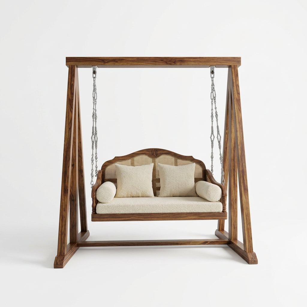 2-Seater Wooden Swing Bench with Cream Boucle Upholstery