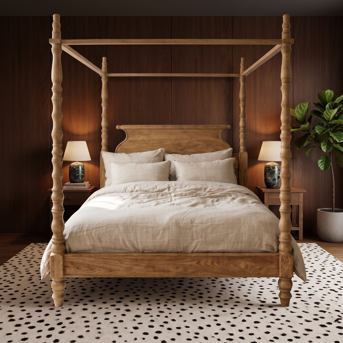Solid Mango Wood Canopy Bed Frame 180×200 cm – Durable Construction, Natural Finish, Easy Assembly