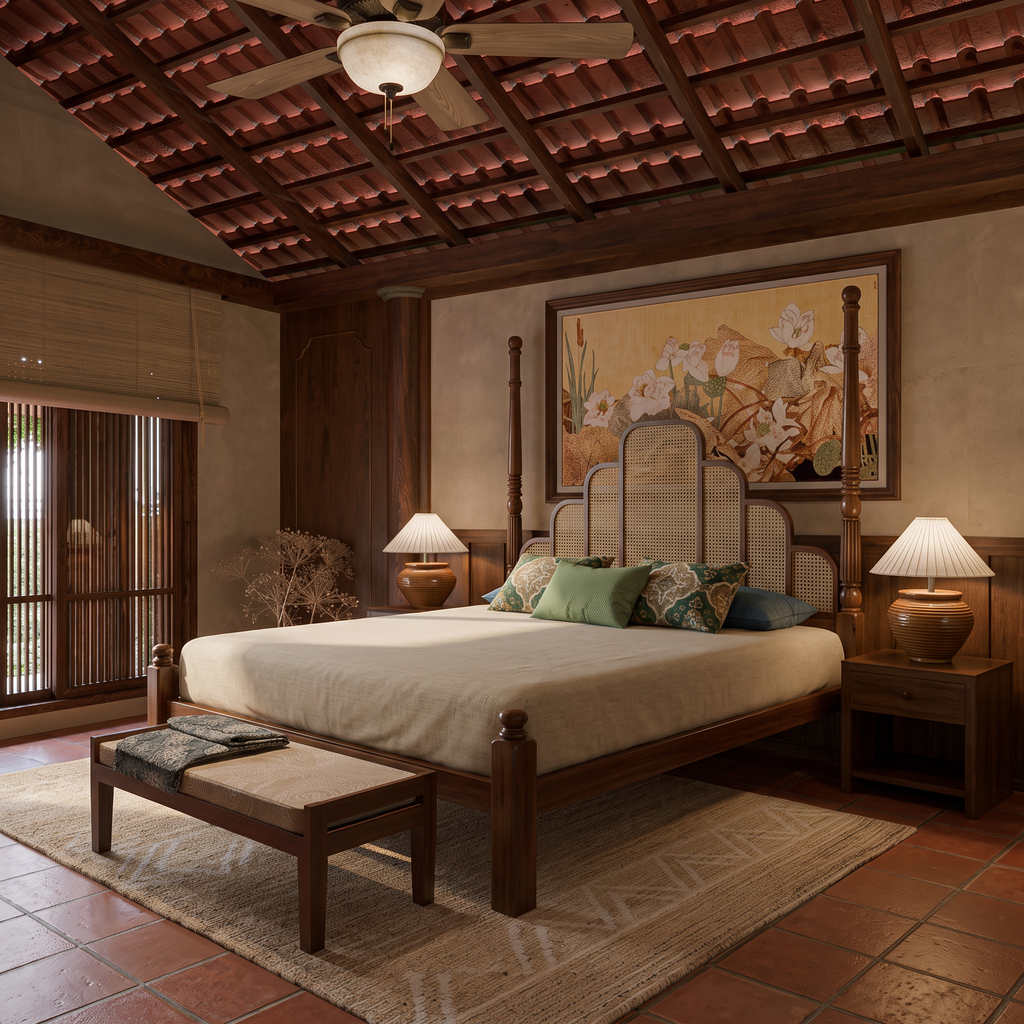 King Bed in Dark Walnut Sheesham Wood with Cane Headboard
