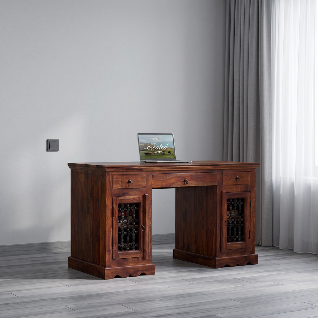 Solid Sheesham Wood Study Desk with Spacious Work Surface in Brown