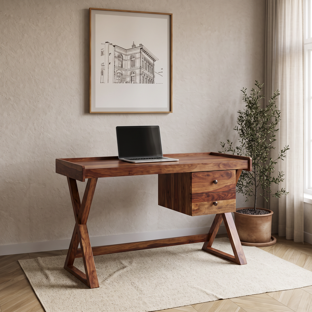 Solid Sheesham Wood Study Desk with Spacious Work Surface in Brown