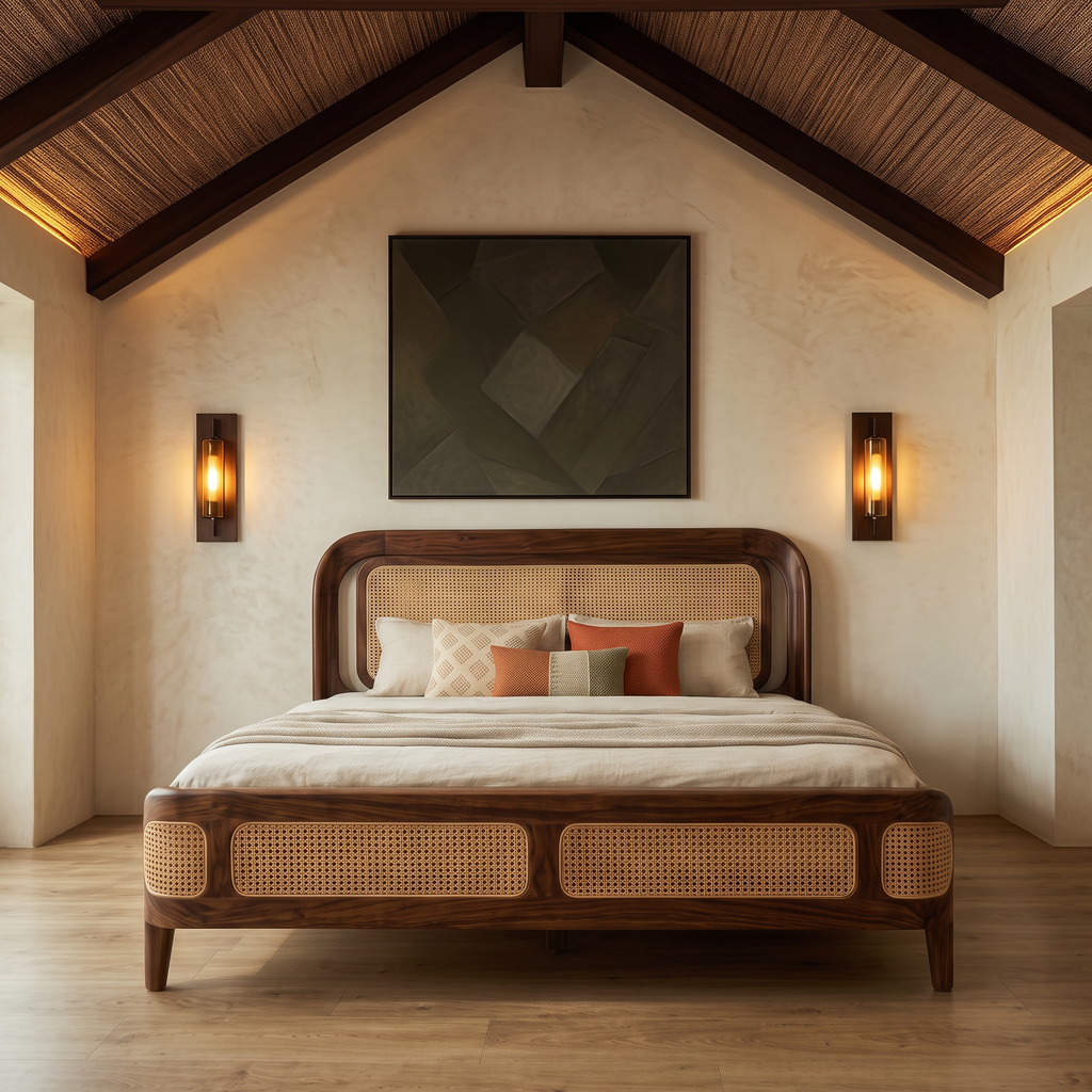 King Size Bed with Cane Headboard in Sheesham Walnut Finish