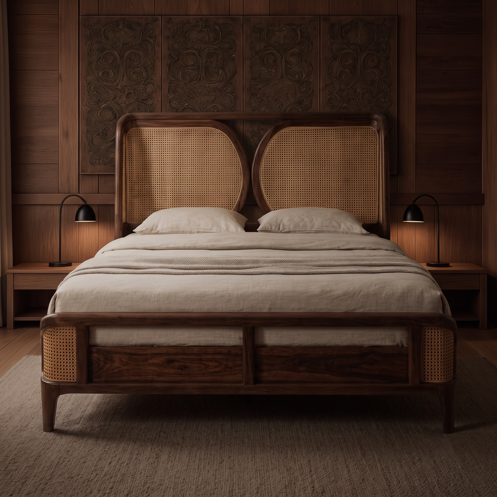 Solid Wood King Bed Frame with Dark Walnut Cane Headboard