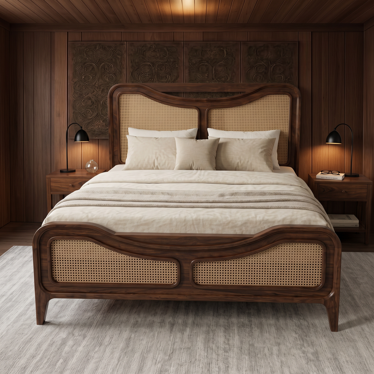 Dark Walnut King Size Bed Frame Without Storage for Bedroom