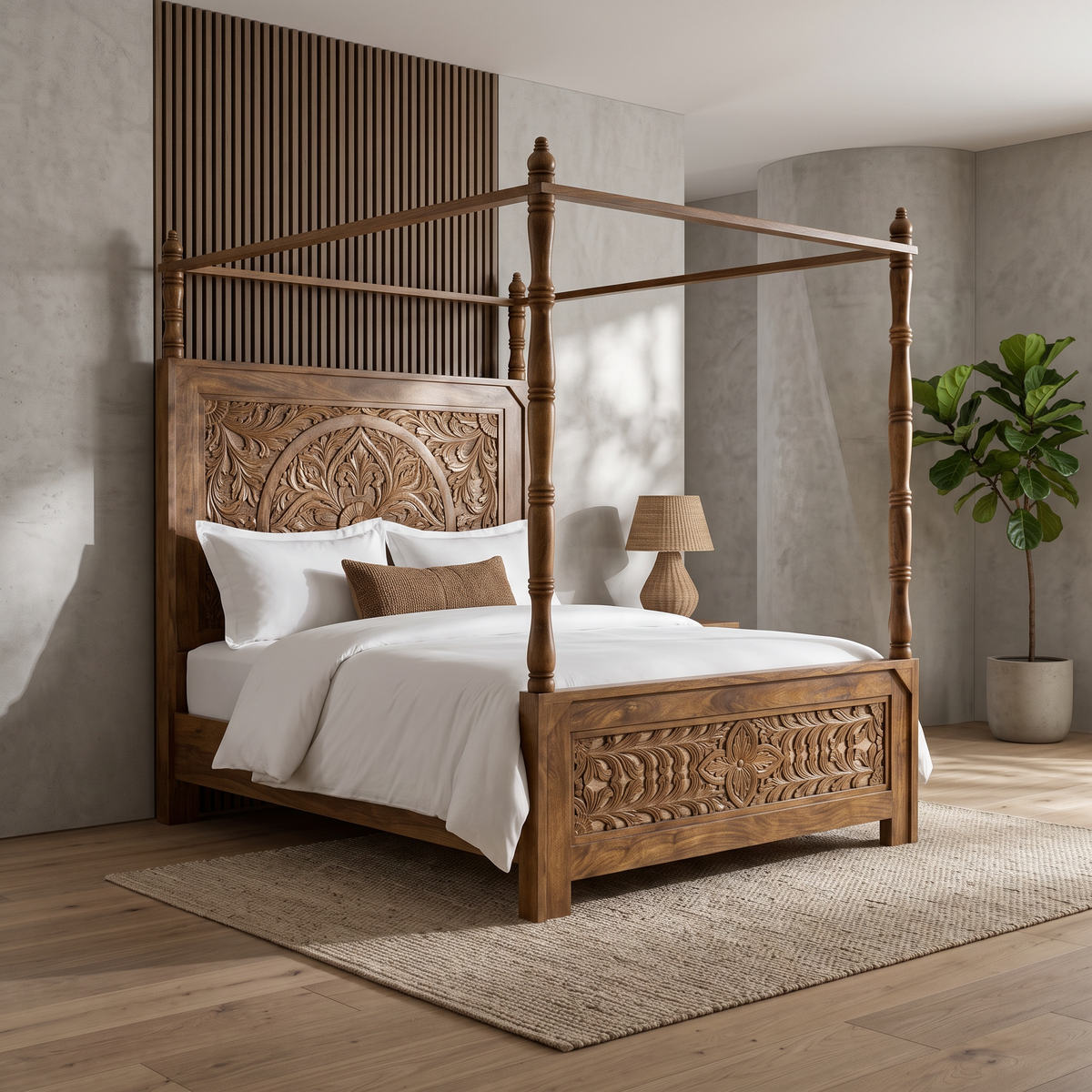 Carved Teak Finish Wooden Four Poster Bed 160x200 cm