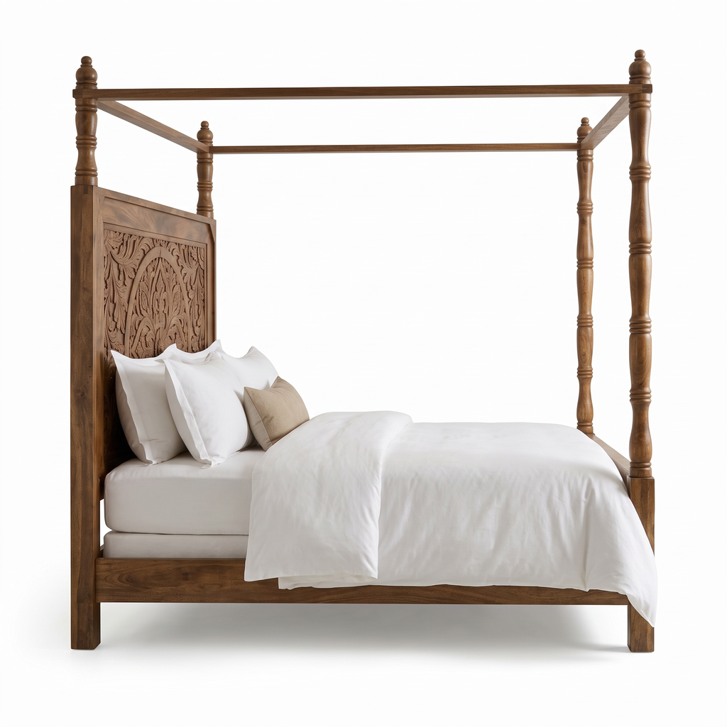Carved Teak Finish Wooden Four Poster Bed 160x200 cm