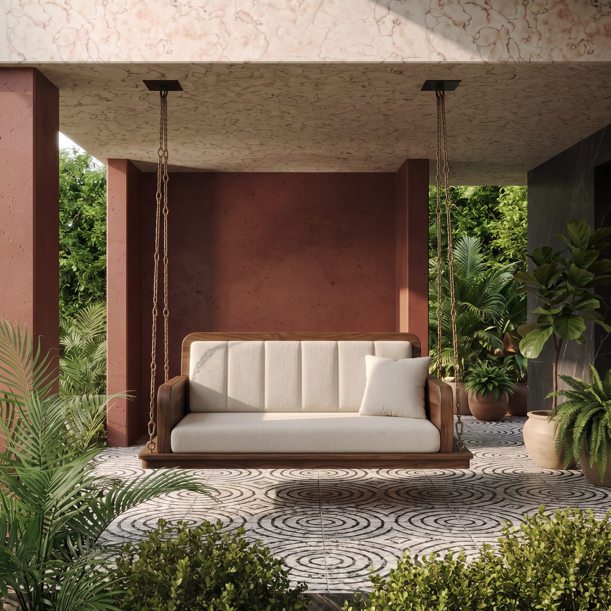 2-Seater Wooden Swing with Cream Boucle Upholstery
