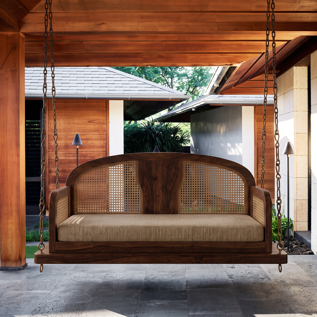 2-Seater Sheesham Wood Swing with Dark Walnut Finish and Crème Boucle Upholstery