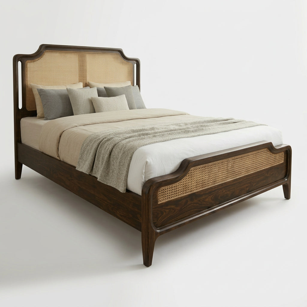 Solid Sheesham Wood Bed Frame with Woven Cane Headboard
