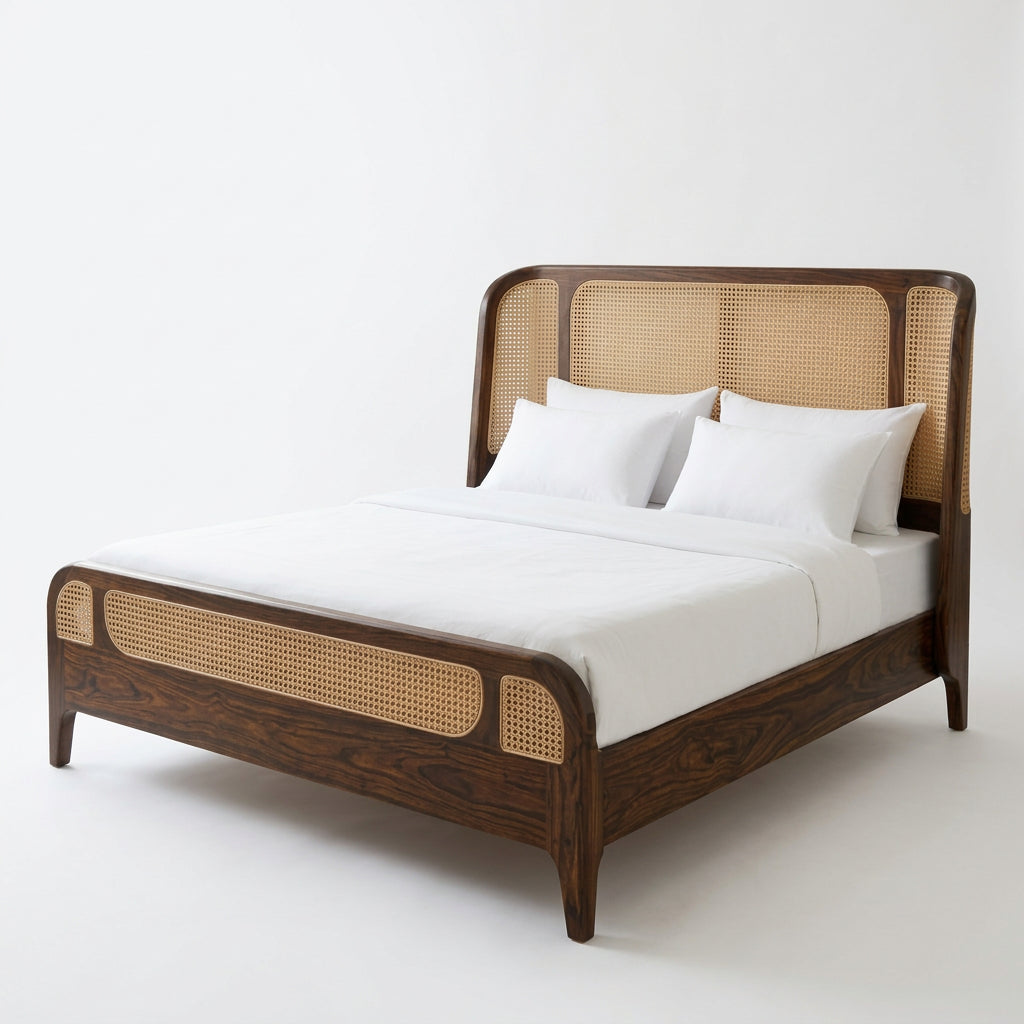 Solid Sheesham Wood King Size Bed with Woven Cane Headboard