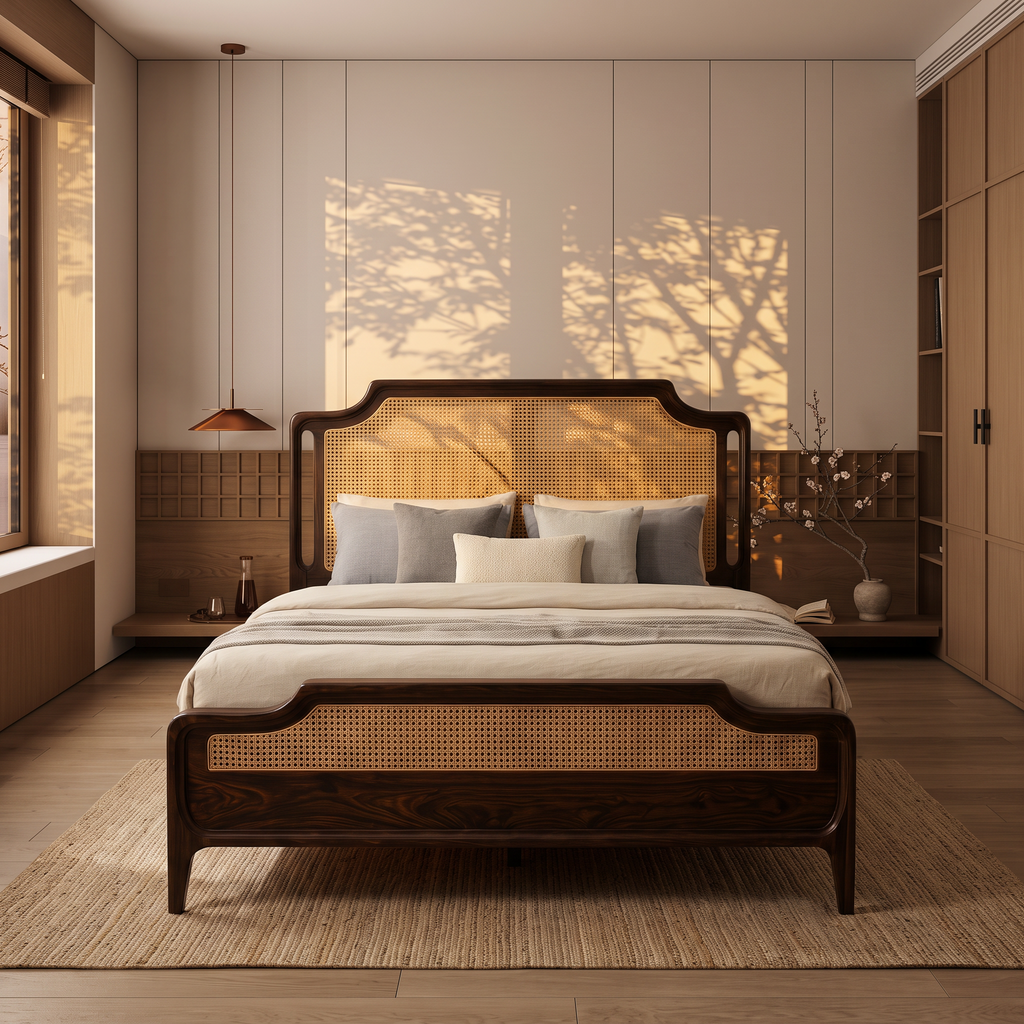 Solid Sheesham Wood Bed Frame with Woven Cane Headboard