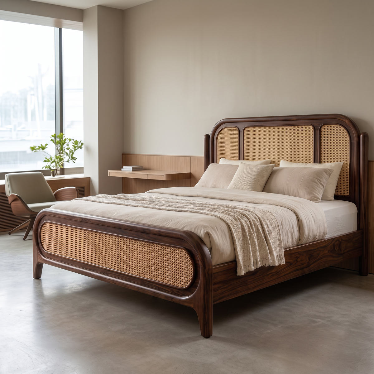 Solid Sheesham Wood Bed Frame with Woven Cane Headboard, Dark Walnut Finish, No Storage
