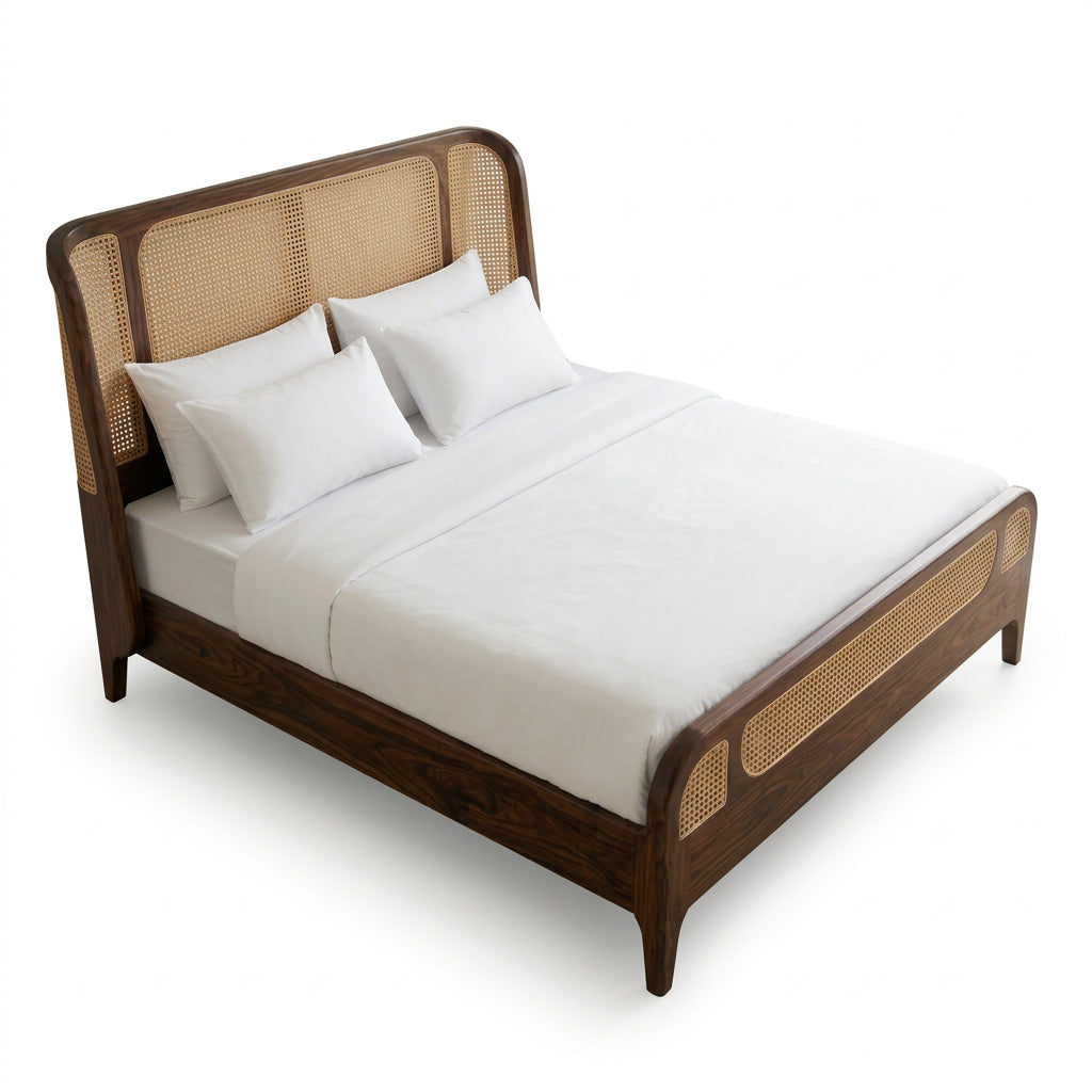 Solid Sheesham Wood King Size Bed with Woven Cane Headboard