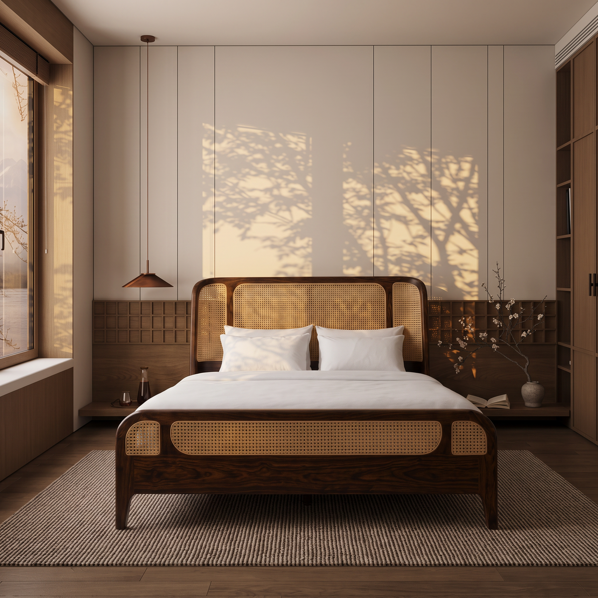 Solid Sheesham Wood King Size Bed with Woven Cane Headboard
