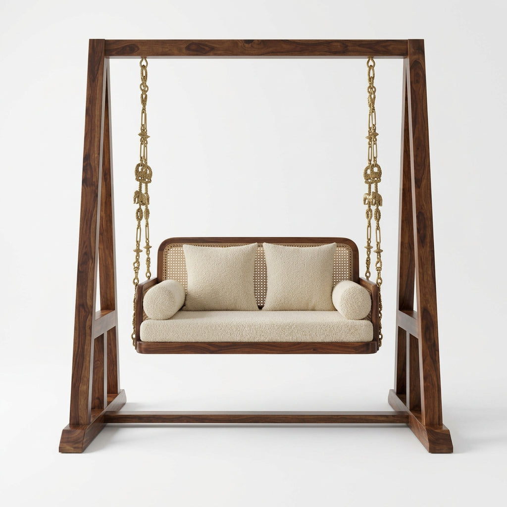 2-Seater Sheesham Wood Swing with Cream Boucle Upholstery