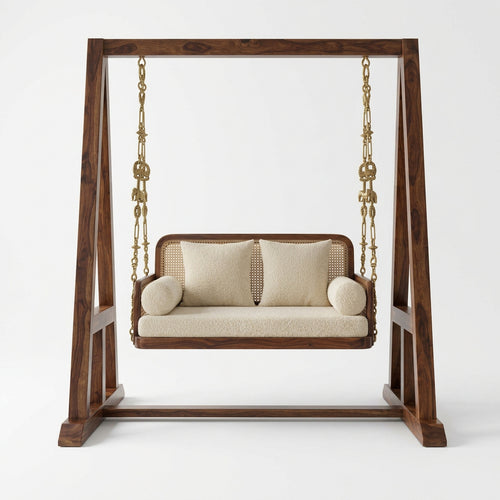 2-Seater Sheesham Wood Swing with Cream Boucle Upholstery
