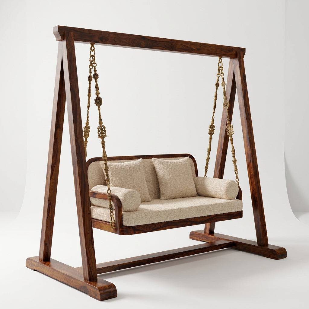 2-Seater Wooden Swing with Cream Bouclé Upholstery – Durable Frame, Soft Woven Fabric