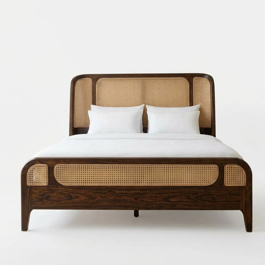 Solid Sheesham Wood King Size Bed with Woven Cane Headboard