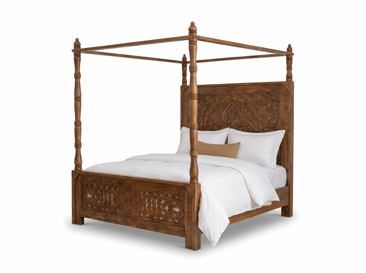 Carved Teak Finish Wooden Four Poster Bed 160x200 cm