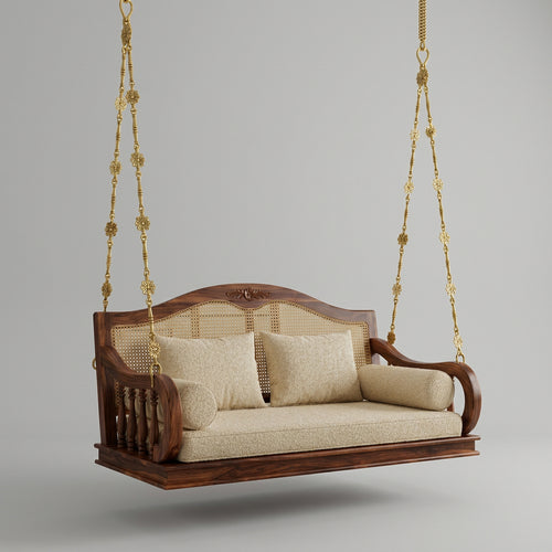 2-Seater Sheesham Wood Swing with Cream Boucle Cushions