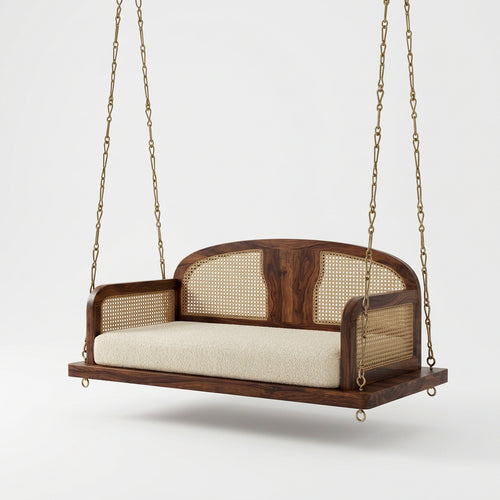 2-Seater Sheesham Wood Swing with Dark Walnut Finish and Crème Boucle Upholstery