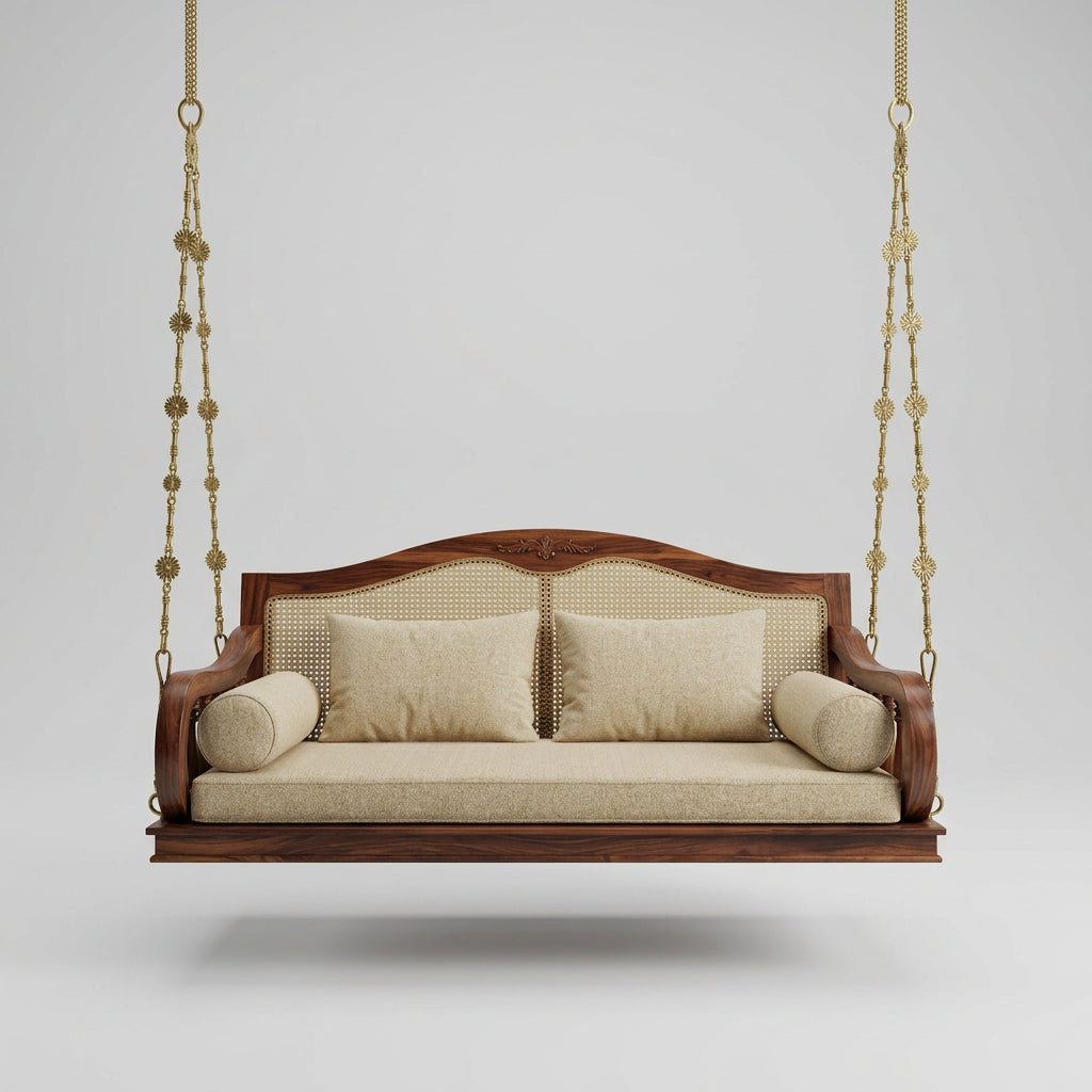 2-Seater Sheesham Wood Swing with Cream Boucle Cushions