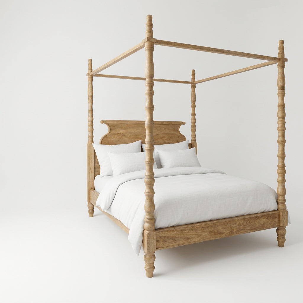 Solid Mango Wood Canopy Bed Frame 180×200 cm – Durable Construction, Natural Finish, Easy Assembly