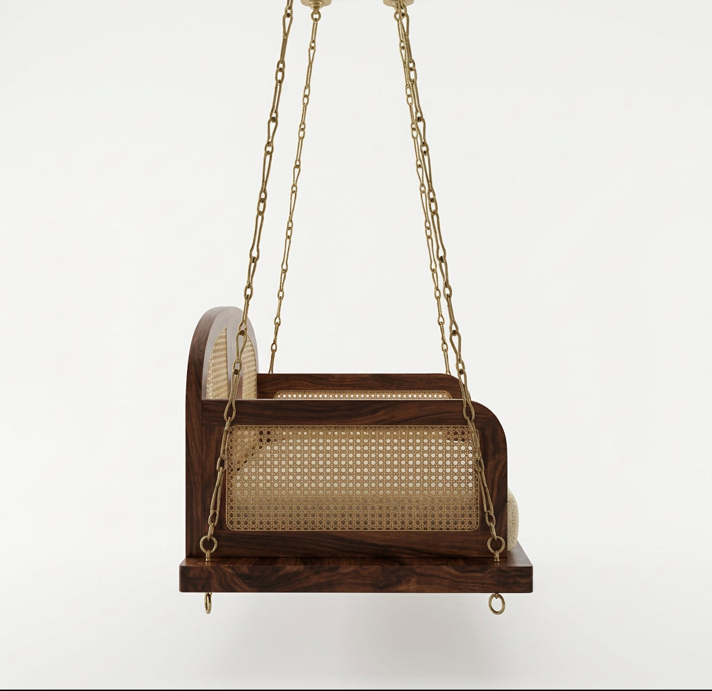 2-Seater Sheesham Wood Swing with Dark Walnut Finish and Crème Boucle Upholstery