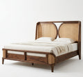 Solid Wood King Bed Frame with Dark Walnut Cane Headboard